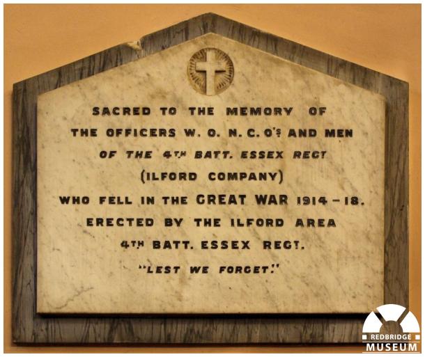 4th Battalion Essex Regiment Memorial Plaque. Photo by Redbridge Museum. 4th Battalion Essex Regiment Memorial Plaque. Photo by Redbridge Museum.