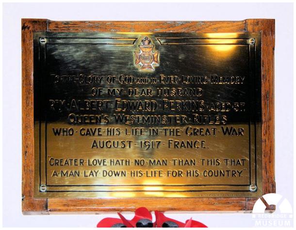 Albert Edward Perkins Memorial Plaque. Photo by Redbridge Museum.