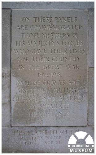 Buckingham Road Cemetery Memorial Cross and Tablet. Photo by Redbridge Museum. Buckingham Road Cemetery Memorial Cross and Tablet. Photo by Redbridge Museum.