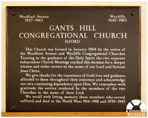Gants Hill United Reformed Church Memorial Plaque. Photo by Redbridge Museum. Gants Hill United Reformed Church Memorial Plaque. Photo by Redbridge Museum.
